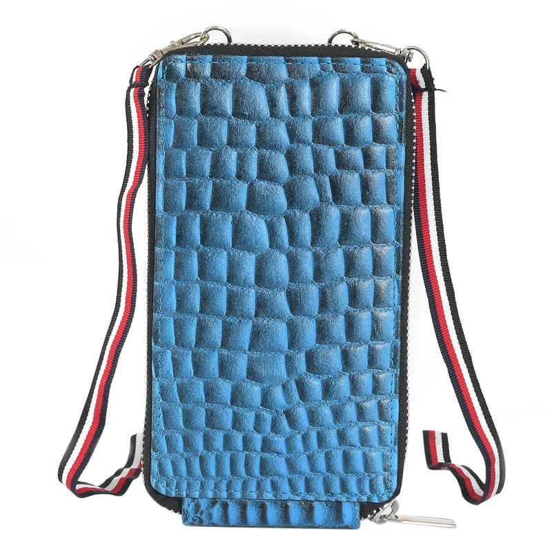 100% echte Leder Crossbody Handy-Geldbörse mit RFID Schutz und Krokoprägung, Blau