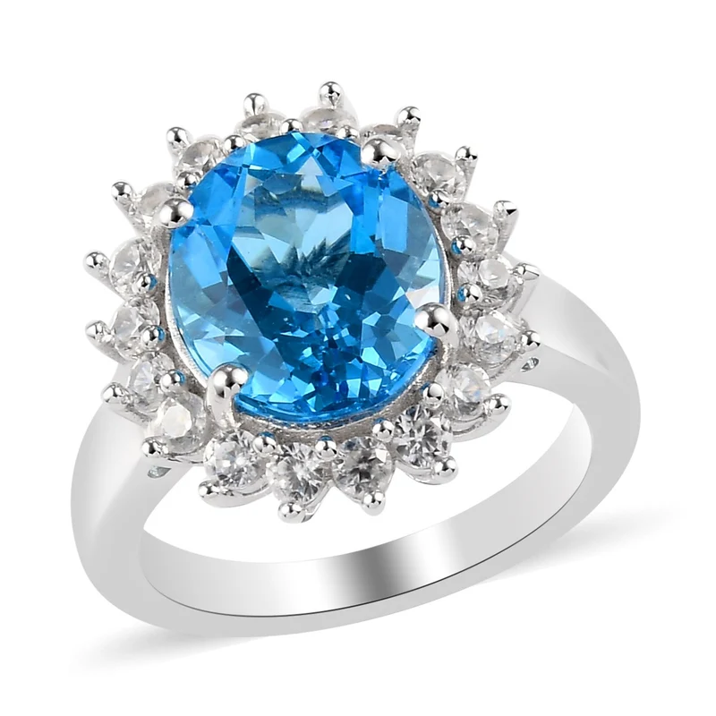 Schweizer Blautopas Halo Ring 925 Silber platiniert ca. 4,87 ct