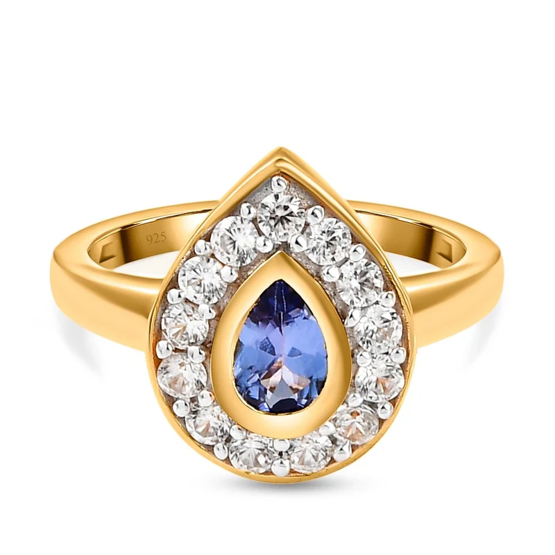 Tansanit und weißer Zirkon-Ring, 925 Silber vergoldet ca. 1.04 ct