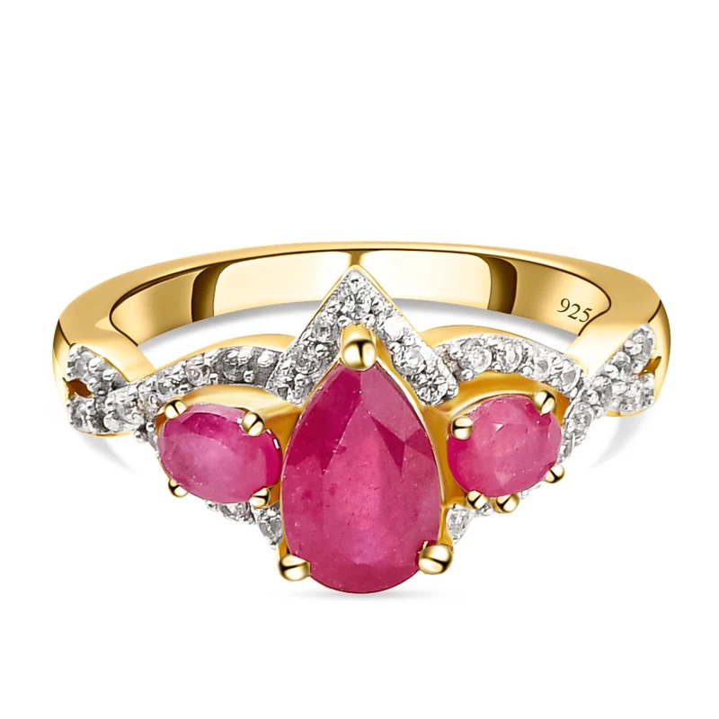 Afrikanischer Rubin (Fissure gefüllt) und Zirkon-Ring, 925 Silber vergoldet, ca. 2.20 ct
