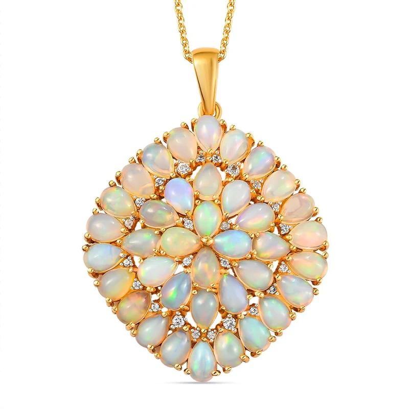 Natürlicher, äthiopischer Welo Opal und weißer Zirkon-Anhänger mit Kette, 925 Silber vergoldet ca. 9.01 ct