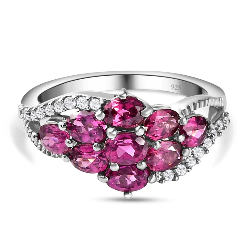 Rhodolith Granat und weißer Zirkon-Ring, 925 Silber platiniert ca. 2.21 ct