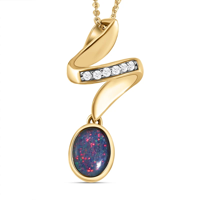 Boulder Opal Triplett und weißer Zirkon-Anhänger mit Kette, 925 Silber vergoldet ca. 1,04 ct