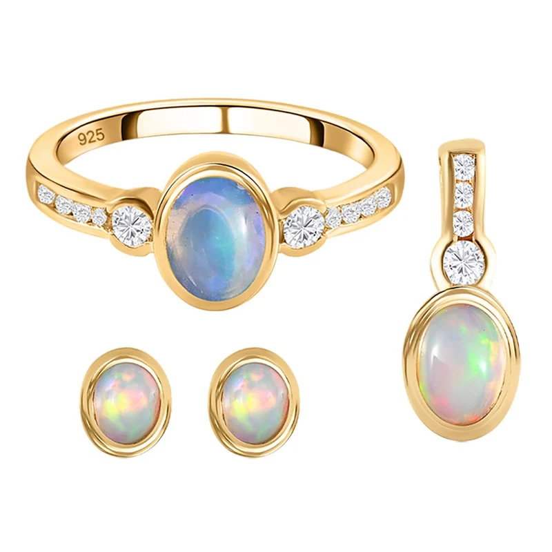3er Set - Natürlicher, äthiopischer Welo Opal Ring, Anhänger und Ohrringe, 925 Silber vergoldet ca. 2.13 ct