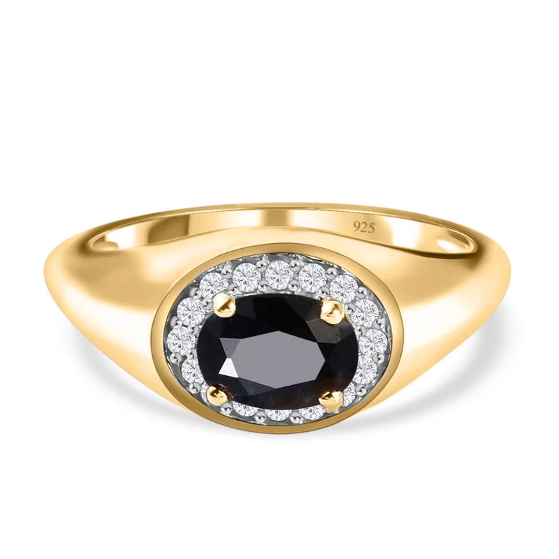 Schwarzer Saphir und weißer Zirkon-Ring, 925 Silber Gelbgold Vermeil ca. 1.27 ct