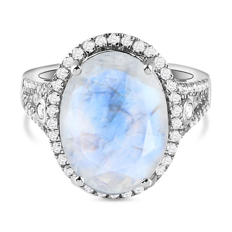 Premium Regenbogen Mondstein und weißer Zirkon-Ring, 925 Silber platiniert ca. 9.10 ct