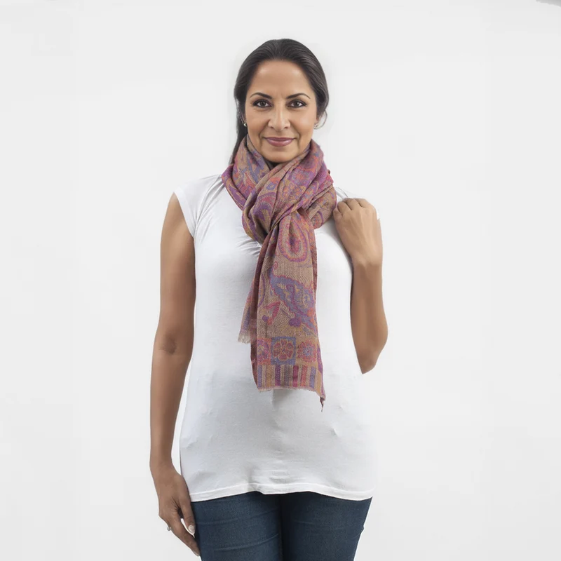 Premium Kollektion - gewebter Schal, Natur Seide und Wolle, Jamawar Design, 70x200 cm, Lavendel