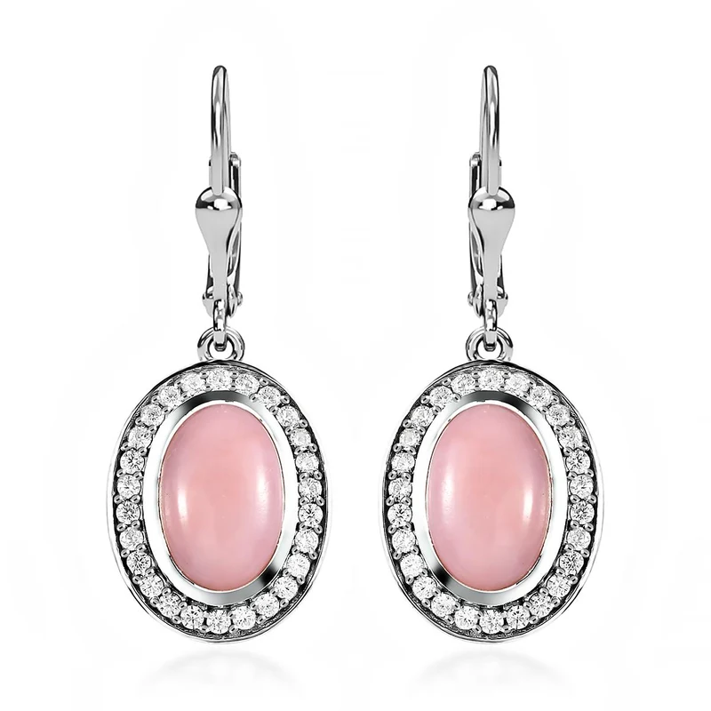 Natürliche Peruanische Rosa-Opal und weiße Zirkon-Ohrringe, 925 Silber platiniert ca. 6.45 ct