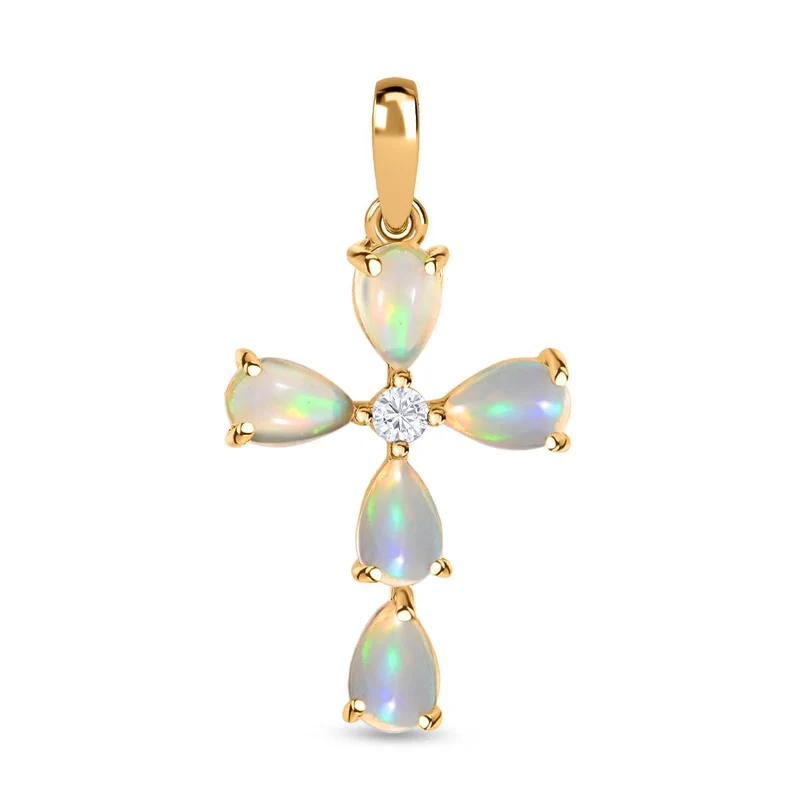 Natürlicher, äthiopischer Welo Opal und weißer Zirkon Kreuz-Anhänger, 925 Silber vergoldet ca. 1.41 ct