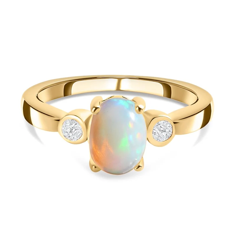 Natürlicher, äthiopischer Welo Opal und weißer Zirkon Ring, 925 Silber vergoldet ca. 1.03 ct