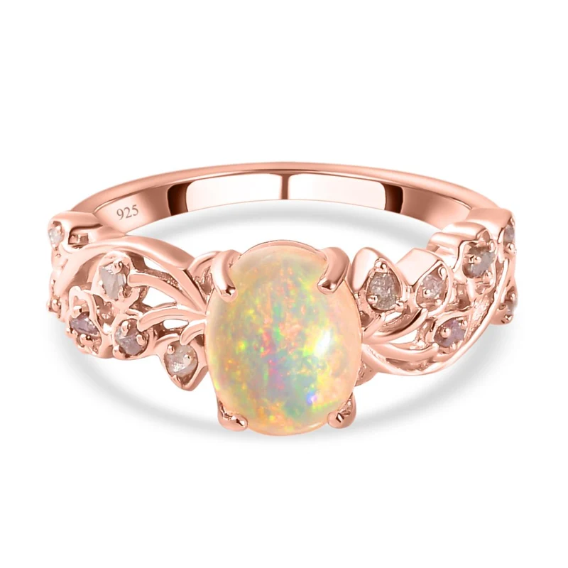 Natürlicher, äthiopischer Welo Opal und natürlicher, ungeschliffener rosa Diamant Ring, 925 Silber Roségold Vermeil ca. 1.44 ct