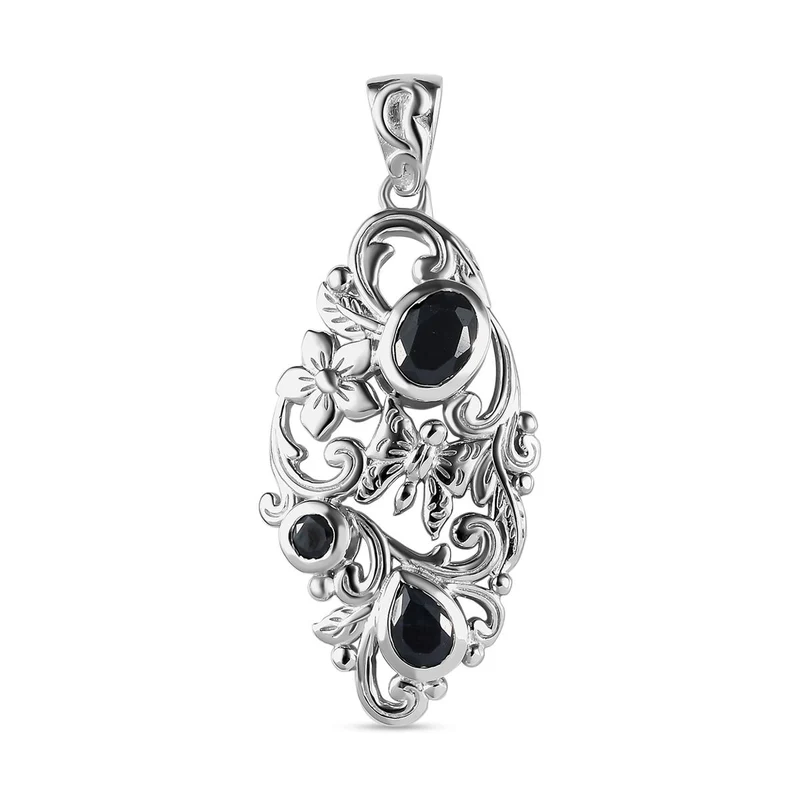 Schwarzer Saphir Anhänger, 925 Silber platiniert ca. 3.10 ct
