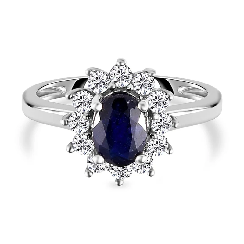 Masoala Saphir und weißer Zirkon-Ring, (Fissure gefüllt), 925 Silber platiniert ca. 1.84 ct