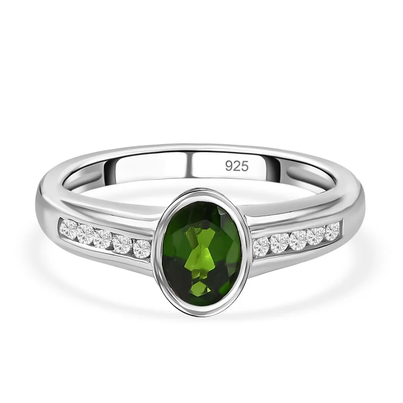 Natürlicher Chromdiopsid und weißer Zirkon-Ring, 925 Silber platiniert ca. 1.00 ct