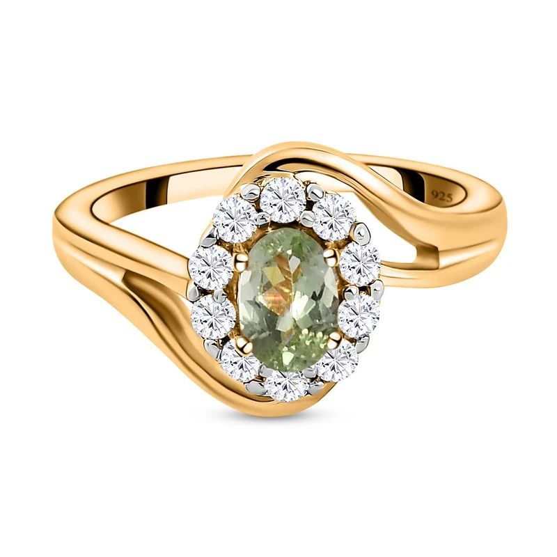 Natürlicher Merelani Mint-Granat und weißer Zirkon-Ring, 925 Silber Gelbgold Vermeil ca. 0.97 ct
