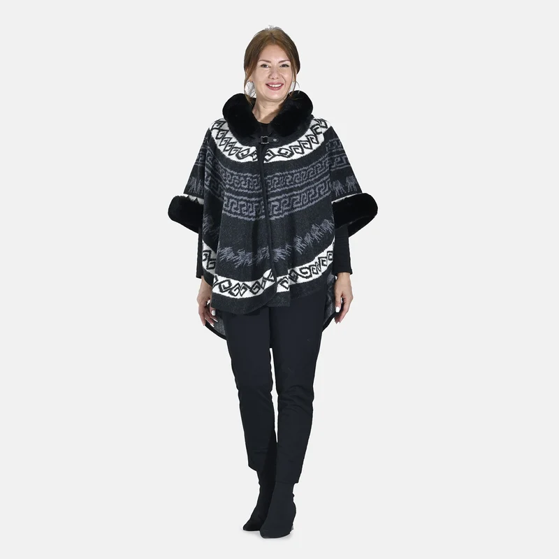 Halbmondförmiger Kapuzenponcho mit Druckknopfverschluss aus Kunstpelz, One Size, 80x109.22cm, Schwarz