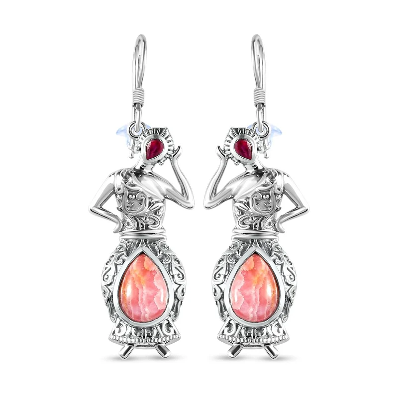 Rhodochrosit und afrikanische Rubin Ohrringe, 925 Silber platiniert ca. 9.28 ct