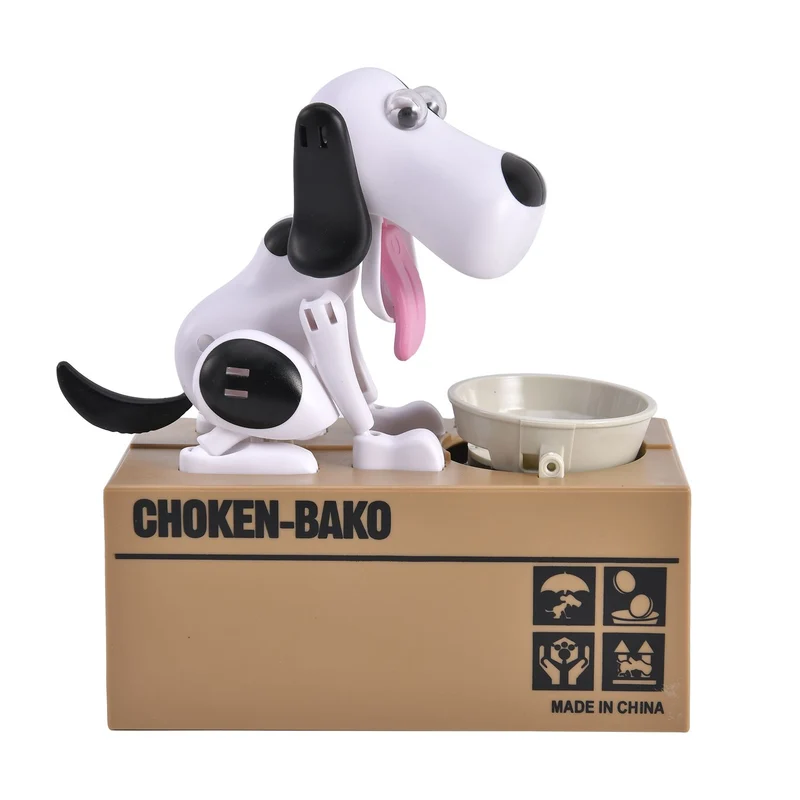 Münzstehlende Hunde-Spardose, 2x AA Batterien (nicht inkl.), 16.3x9x17 cm, Weiß