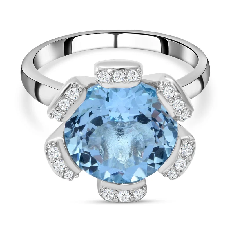 Himmelblauer Topas und weißer Zirkon-Ring, 925 Silber platiniert ca. 7.86 ct
