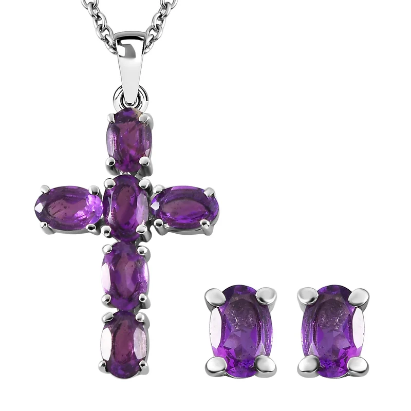 2er Set - Afrikanischer Amethyst Kreuz-Anhänger und Ohrringe, Edelstahl ca. 3.21 ct