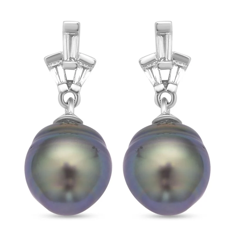 Tahiti Perle und weiße Zirkon Ohrringe, 925 Silber rhodiniert ca. 0.61 ct