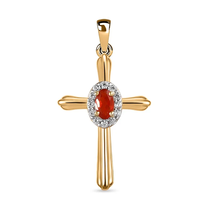 Mexikanischer Kirschfeuer-Opal und weißer Zirkon Kreuz-Anhänger, 925 Silber vergoldet ca. 0.28 ct