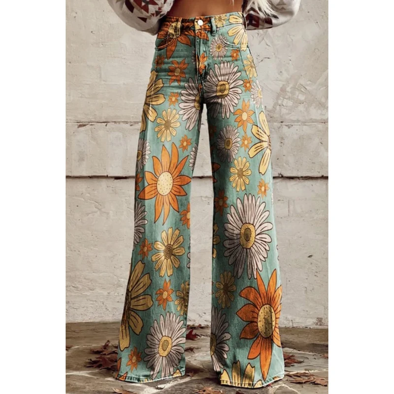 Kennedi | Damen Lässiges Blumen Weitem Bein Hose | Jahrgang