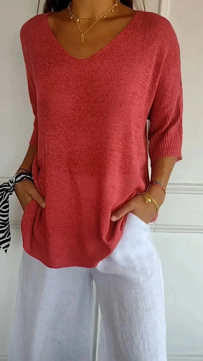 Stricktop Mit V Ausschnitt Für Damen | 3/4 Ärmel