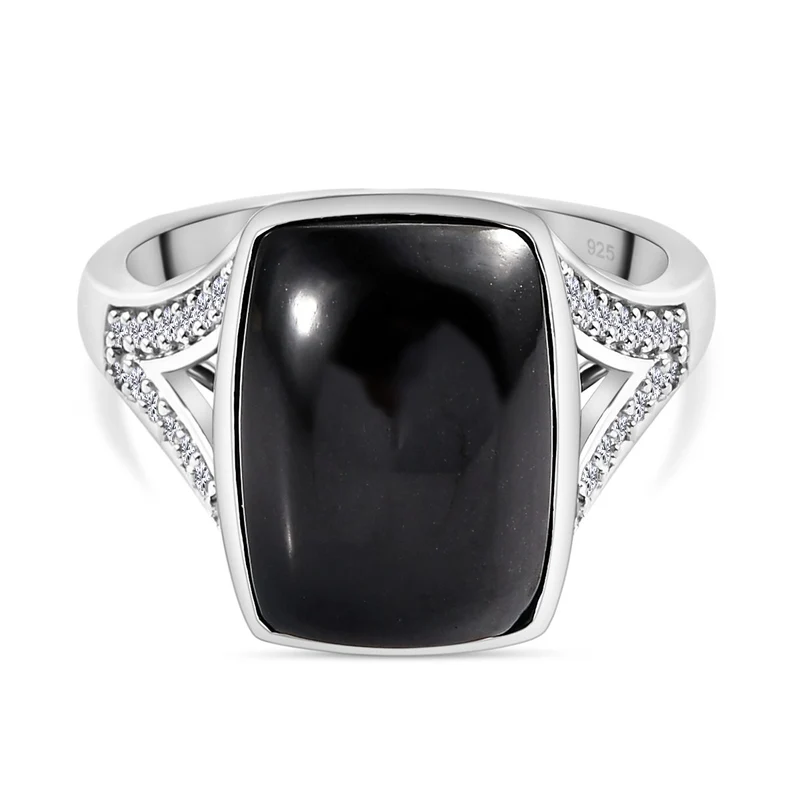 Schwarzer Turmalin und weißer Zirkon Ring, 925 Silber platiniert ca. 7.28 ct