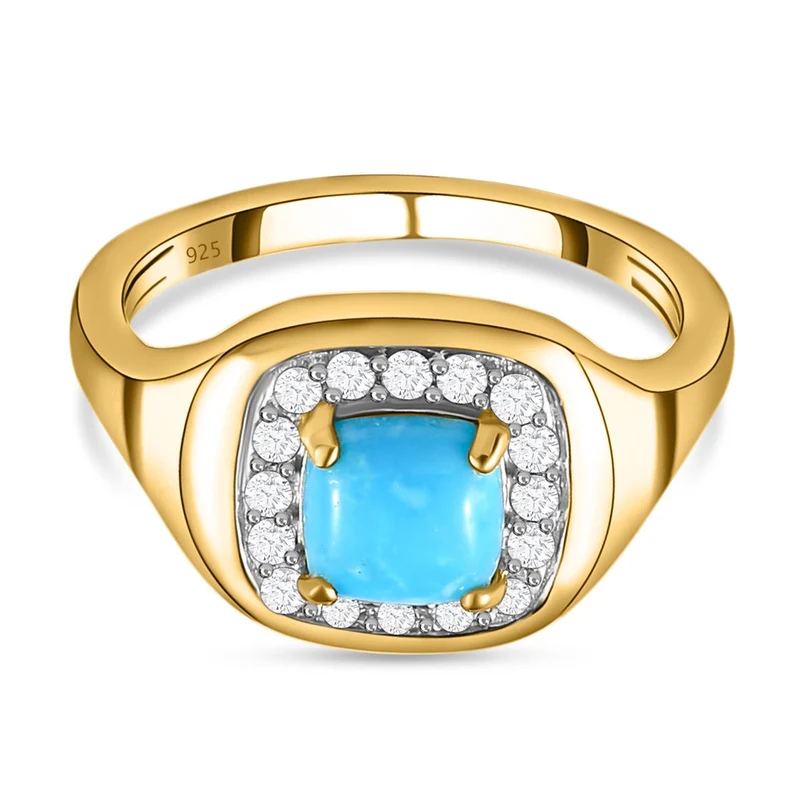 AA Amerikanischer, Sleeping Beauty Türkis und weißer Zirkon-Ring, 925 Silber vergoldet ca. 1.13 ct
