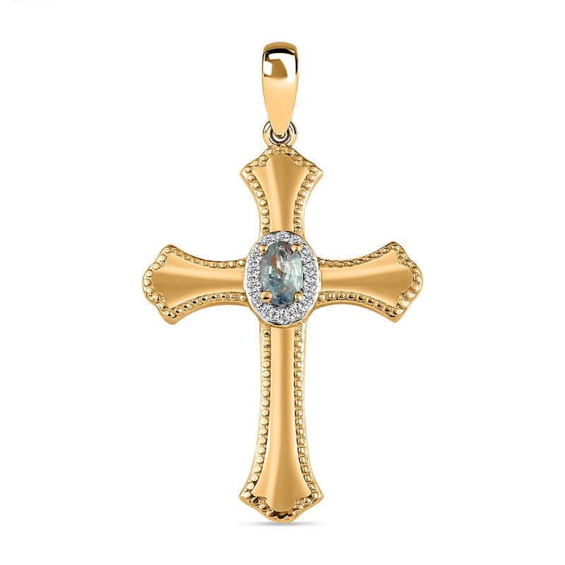 Alexandrit und weißer Zirkon Kreuz-Anhänger, 925 Silber Gelbgold Vermeil, ca. 0.36 ct