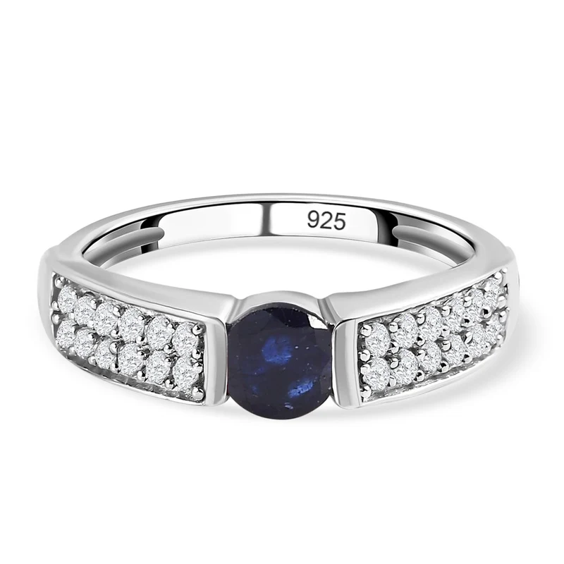 Masoala Saphir (Fissure gefüllt) und weißer Zirkon-Ring, 925 Silber platiniert ca. 1,24 ct