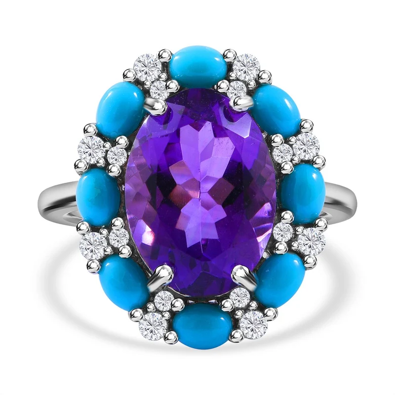 AA Lusaka Amethyst, Sleeping Beauty Türkis Ring, 925 Silber platiniert ca. 8.09 ct
