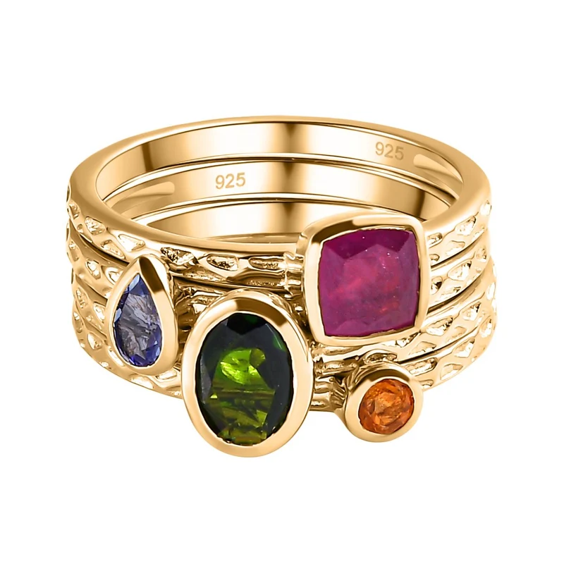 Afrikanischer Rubin und natürlicher Chromdiopsid Ring, 925 Silber Gelbgold Vermeil ca. 2.10 ct