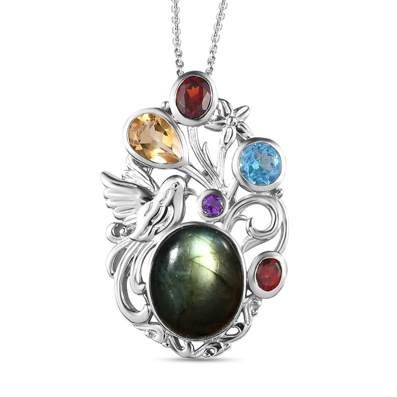 Labradorit und mehrfarbiger Edelstein-Anhänger mit Kette, 925 Silber platiniert ca. 8.05 ct