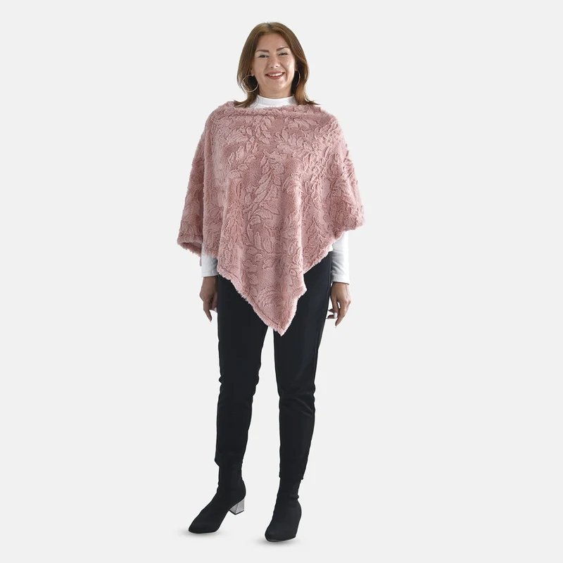 Kunstpelz-Poncho mit Blattmuster, 85x100cm, Rosa
