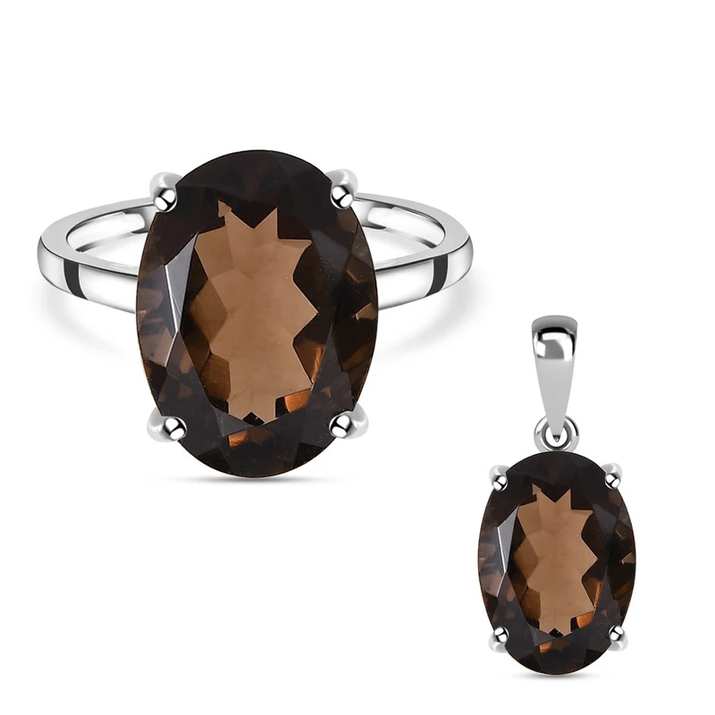 2er Set - Rauchquarz-Ring und Anhänger, 925 Silber ca. 10.97 ct