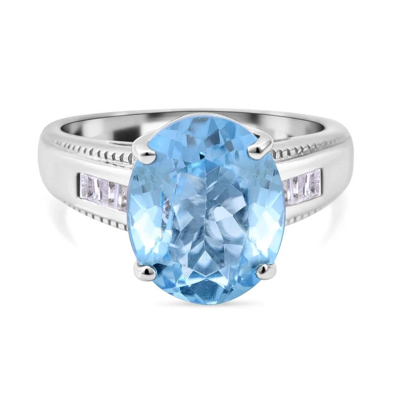Himmelblauer Topas und weißer Zirkon-Ring, 925 Silber platiniert ca. 6,24 ct