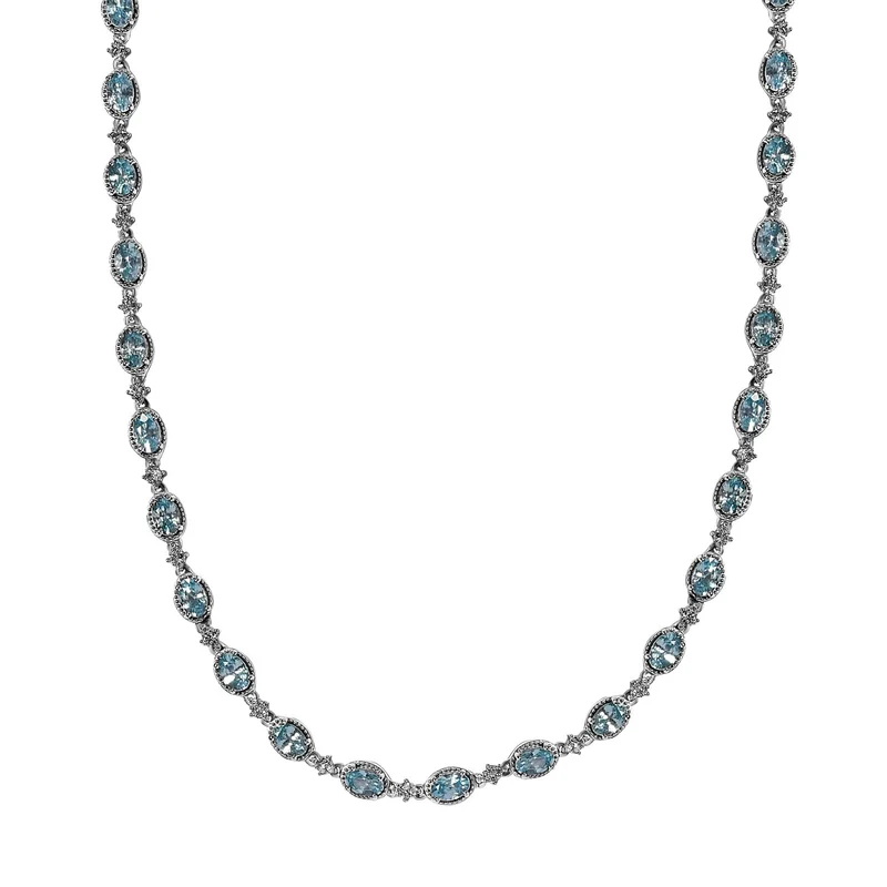 Kambodschanische, blaue und weiße Zirkon Halskette, ca. 50 cm, 925 Silber platiniert ca. 24.71 ct