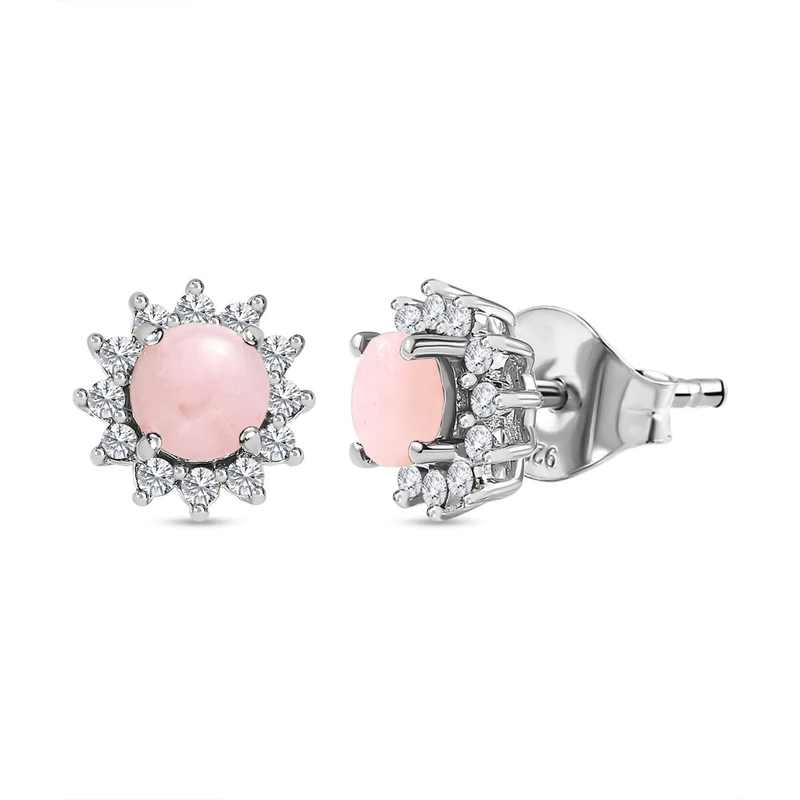 Natürliche Peruanische Rosa-Opal und Weißer Zirkon Ohrringe, 925 Silber platiniert, ca. 1.47 ct