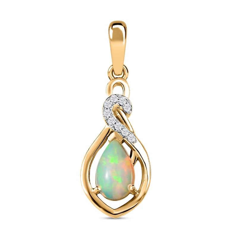 Natürlicher, äthiopischer Welo Opal, weißer Zirkon Anhänger, 925 Silber vergoldet ca. 0.84 ct