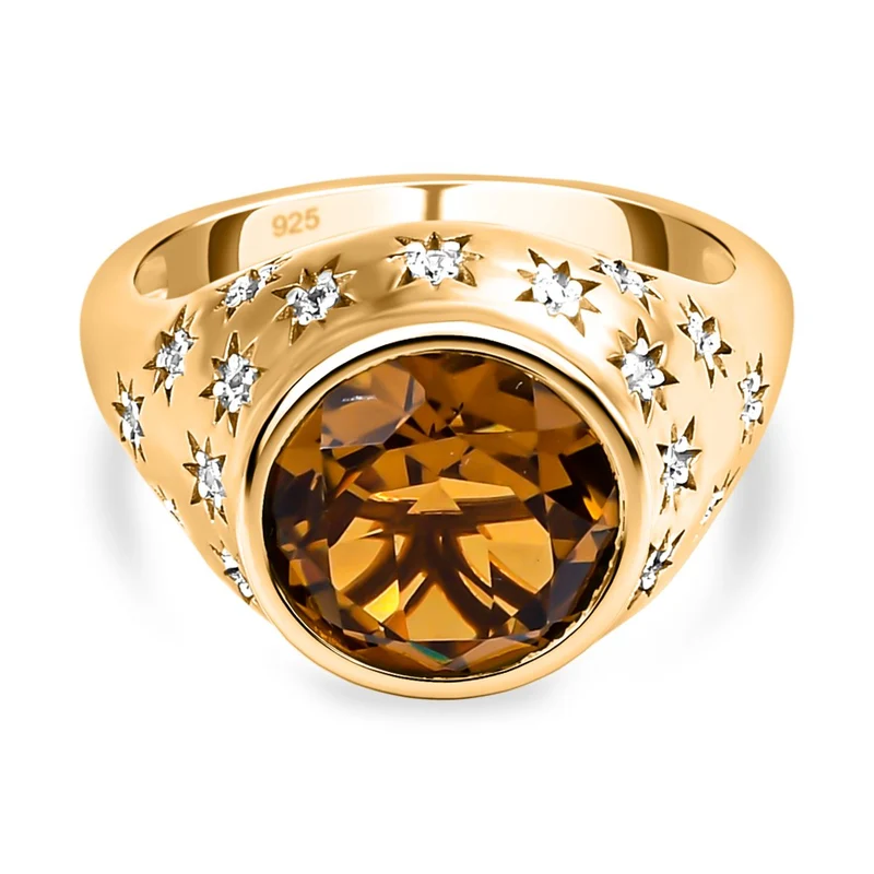 Champagner Quarz und weißer Zirkon Ring, 925 Silber vergoldet (Größe 17.00) ca. 4,15 ct