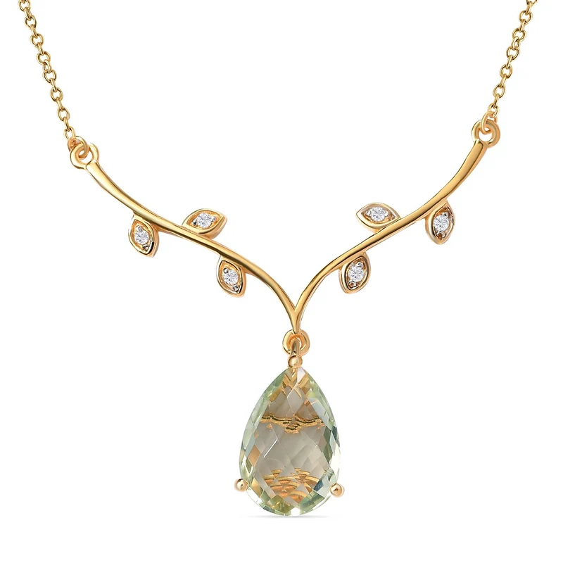 Prasiolith und weißes Zirkon Collier, ca. 45 cm, 925 Silber vergoldet ca. 4,88 ct