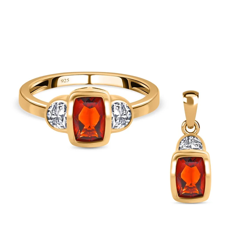 2er Set, Kirsch Citrin Ring und Anhänger, 925 Silber vergoldet ca. 2,29 ct