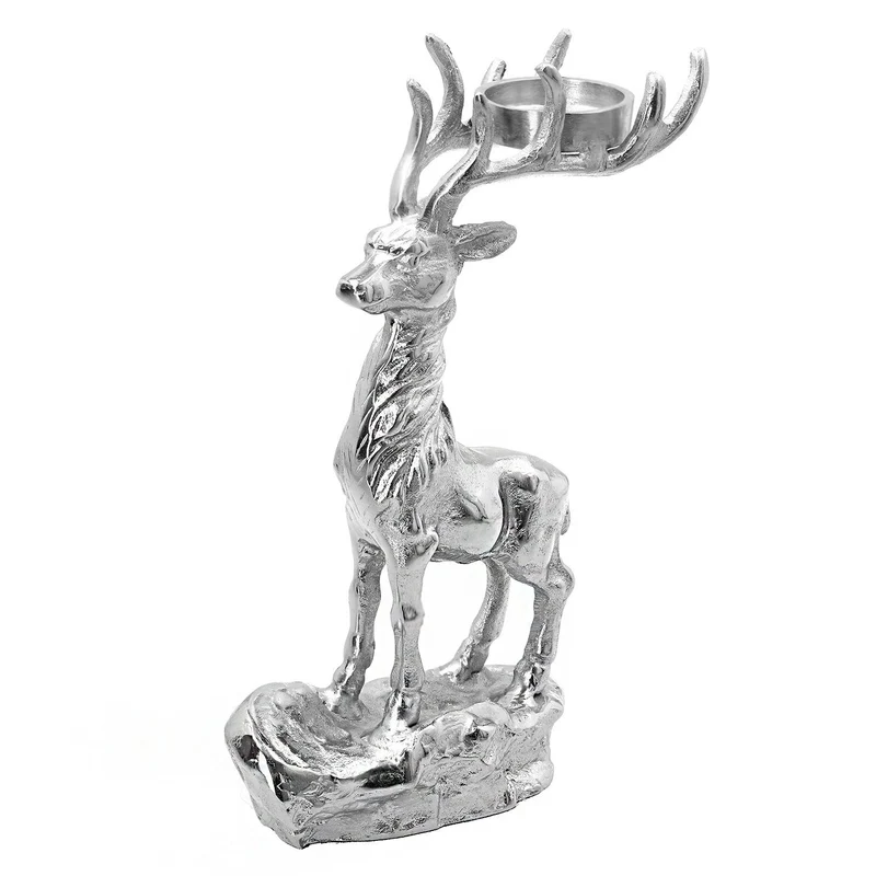 Rentier auf Felsen Figur Teelichthalter, 17x7.5x30.5cm, silber