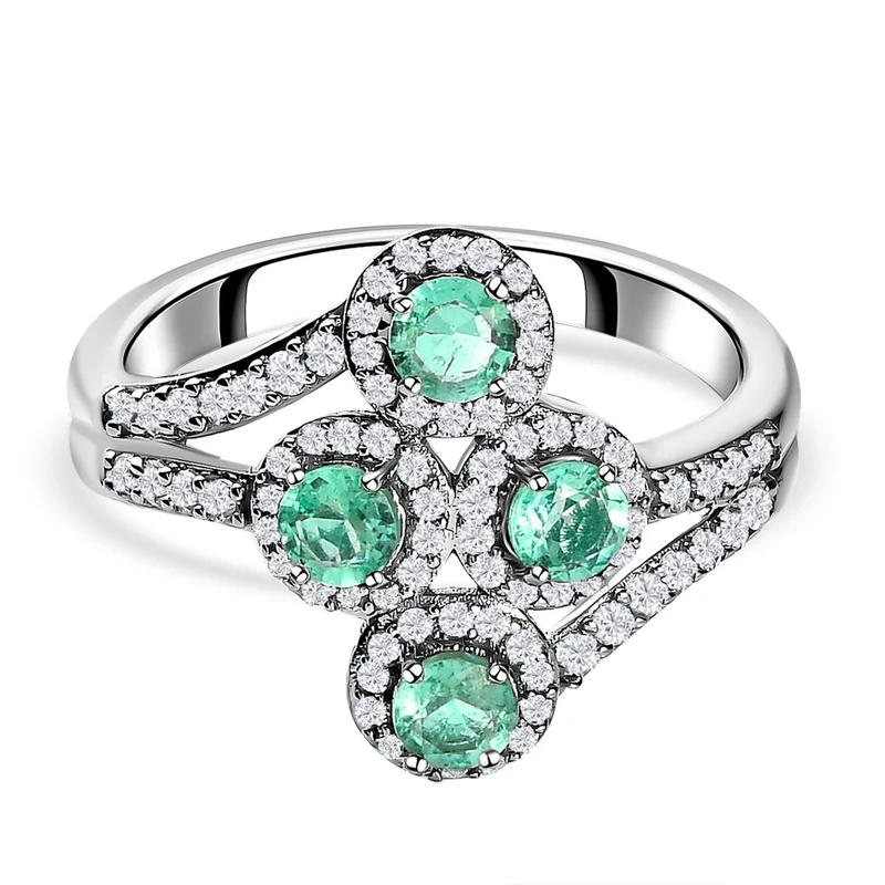 Kolumbianischer Smaragd, weißer Zirkon Ring, 925 Silber platiniert ca. 1.85 ct