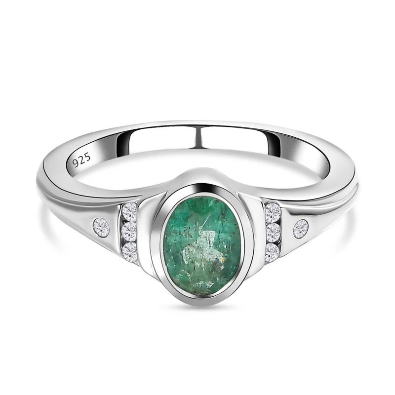 Kagem Sambischer Smaragd, Weißer Zirkon Ring 925 Silber platiniert ca. 0.82 ct