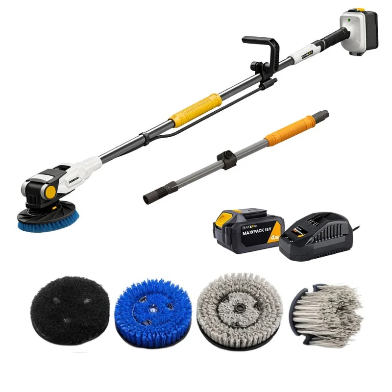 18V Twin Brush Cordless Brushless Power Scrubber – Incl. 4.0Ah Battery + Fast Charger + 4 Brushes + Extension Pole
