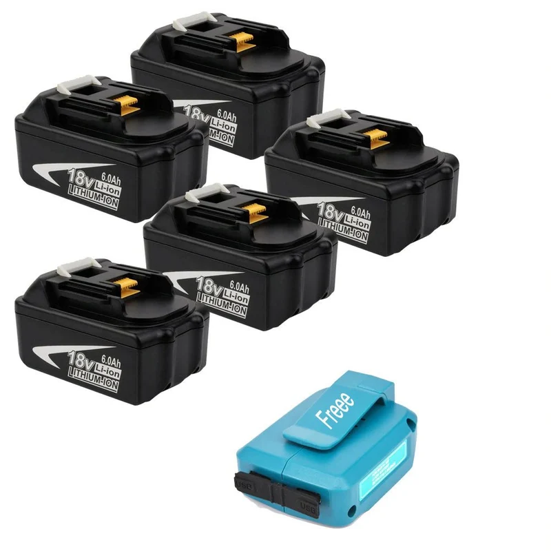Free USB ADP05 &18V 6Ah BL1860 5-Stück/Kompatibel mit Makita 18V BL1830B BL1860B&Für MAKITA ADP05 14-18V Li-Ionen-Batterie GAR